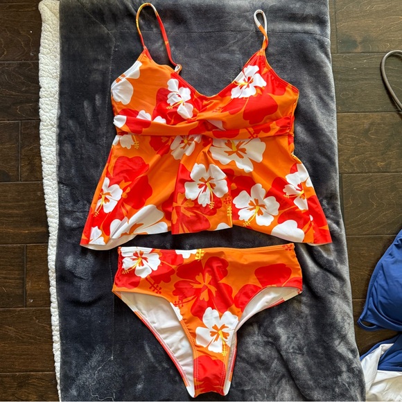 Orange Floral tropical two piece tankini Set NEW large - Picture 2 of 6